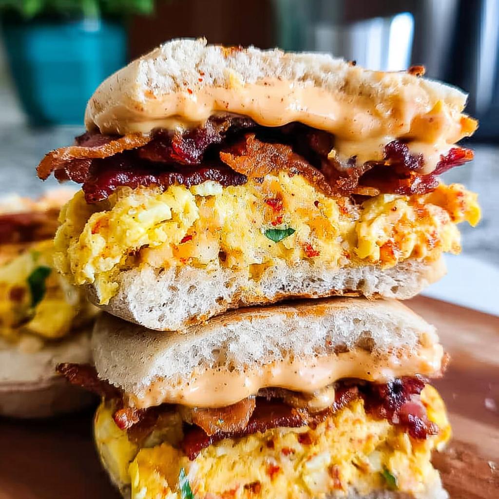 A stack of two Spicy Chipotle Egg Breakfast Sandwiches, featuring scrambled eggs, bacon, and chipotle sauce on buns.