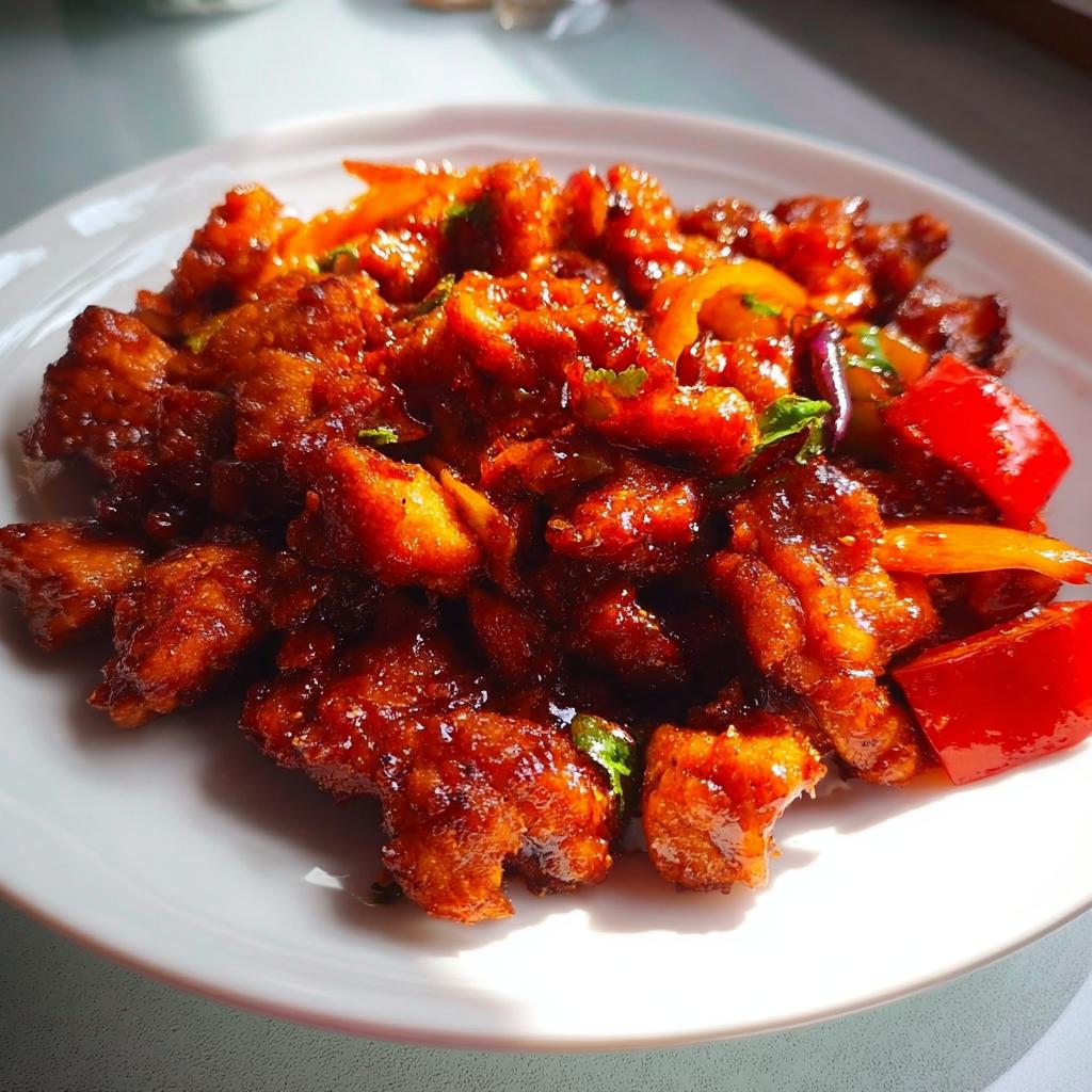 A close-up of delicious Spicy Dragon Chicken, featuring crispy fried chicken pieces coated in a glossy, savory sauce with red bell peppers and cilantro.