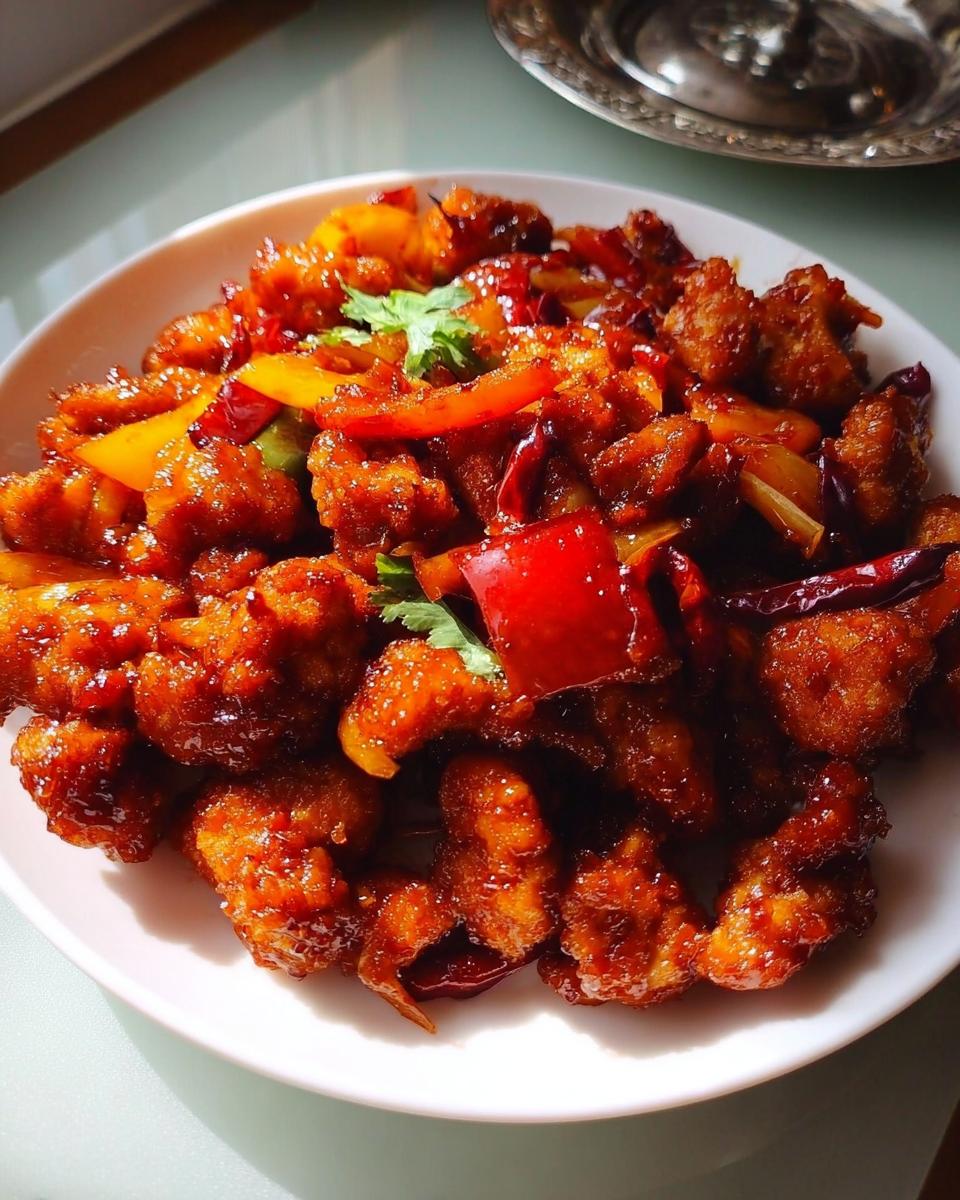 A close-up of Spicy Dragon Chicken, featuring crispy fried chicken pieces coated in a glossy, red chili sauce with bell peppers and cilantro.