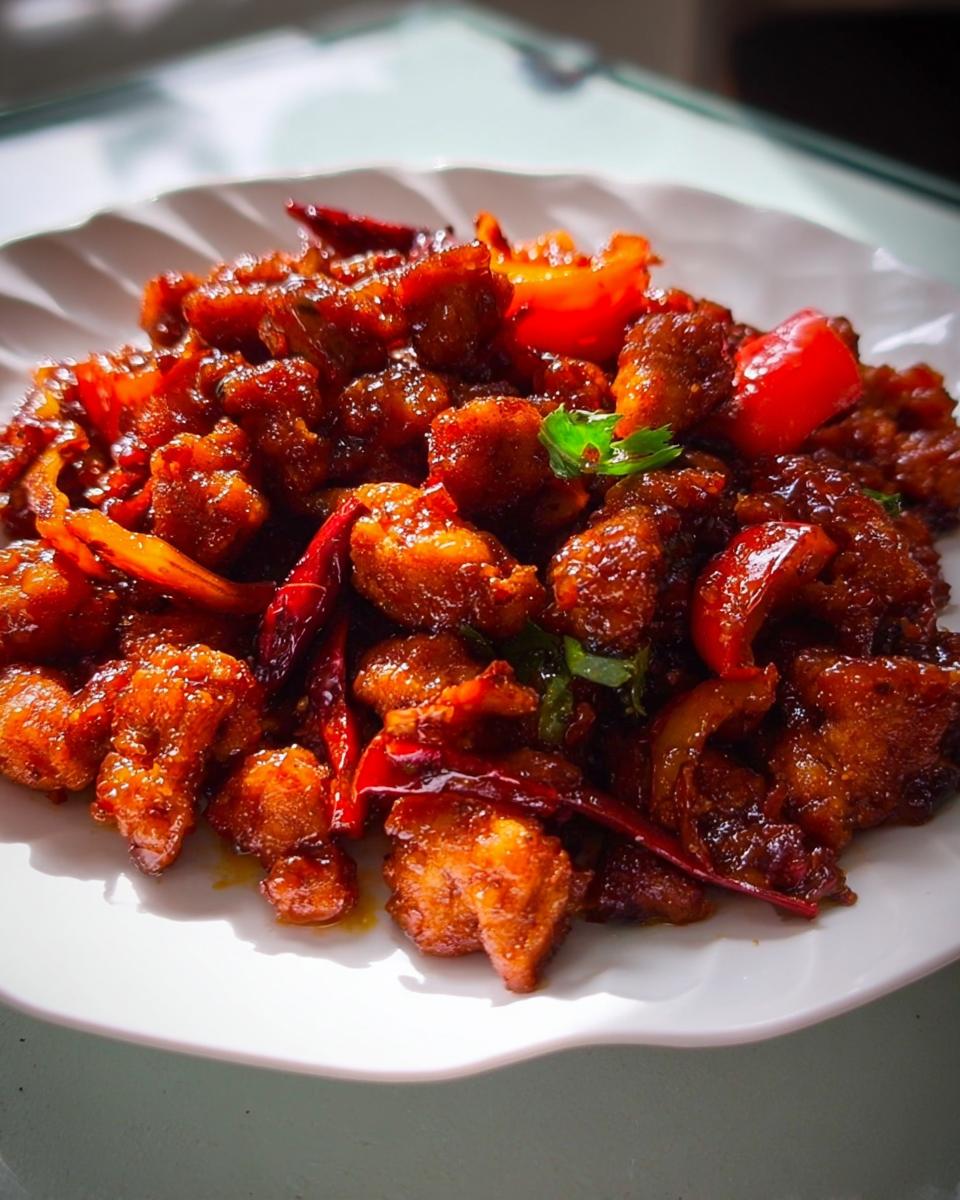 A plate of delicious Spicy Dragon Chicken, featuring crispy fried chicken pieces coated in a rich, glossy sauce with red chilies and bell peppers.
