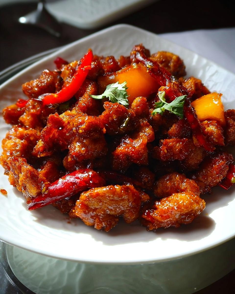 A close-up of Spicy Dragon Chicken, a quick Indo-Chinese meal, served on a white plate with red chilies and cilantro.