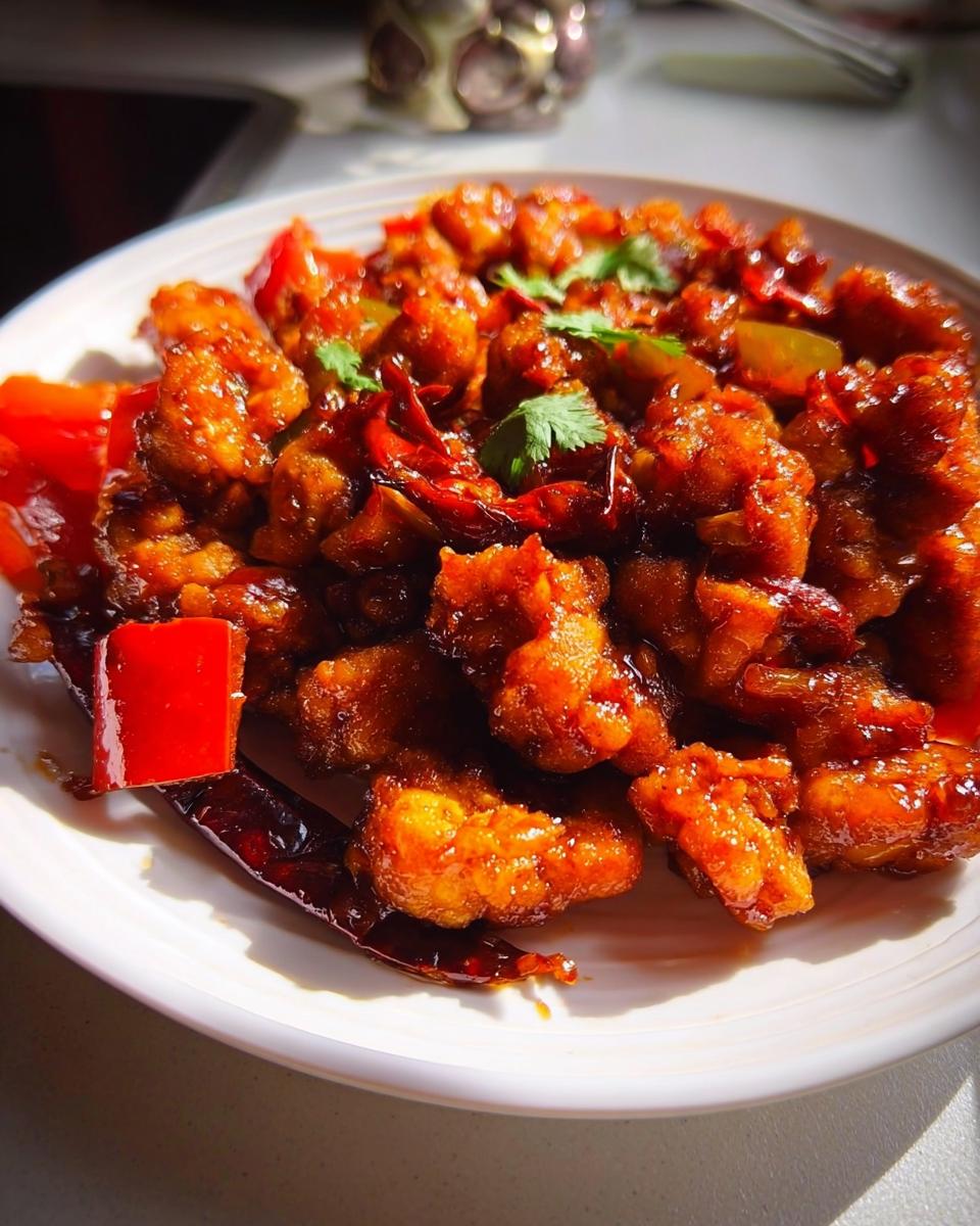 A close-up of a plate of Spicy Dragon Chicken, featuring crispy fried chicken pieces coated in a glossy, orange sauce with red chilies and bell peppers.