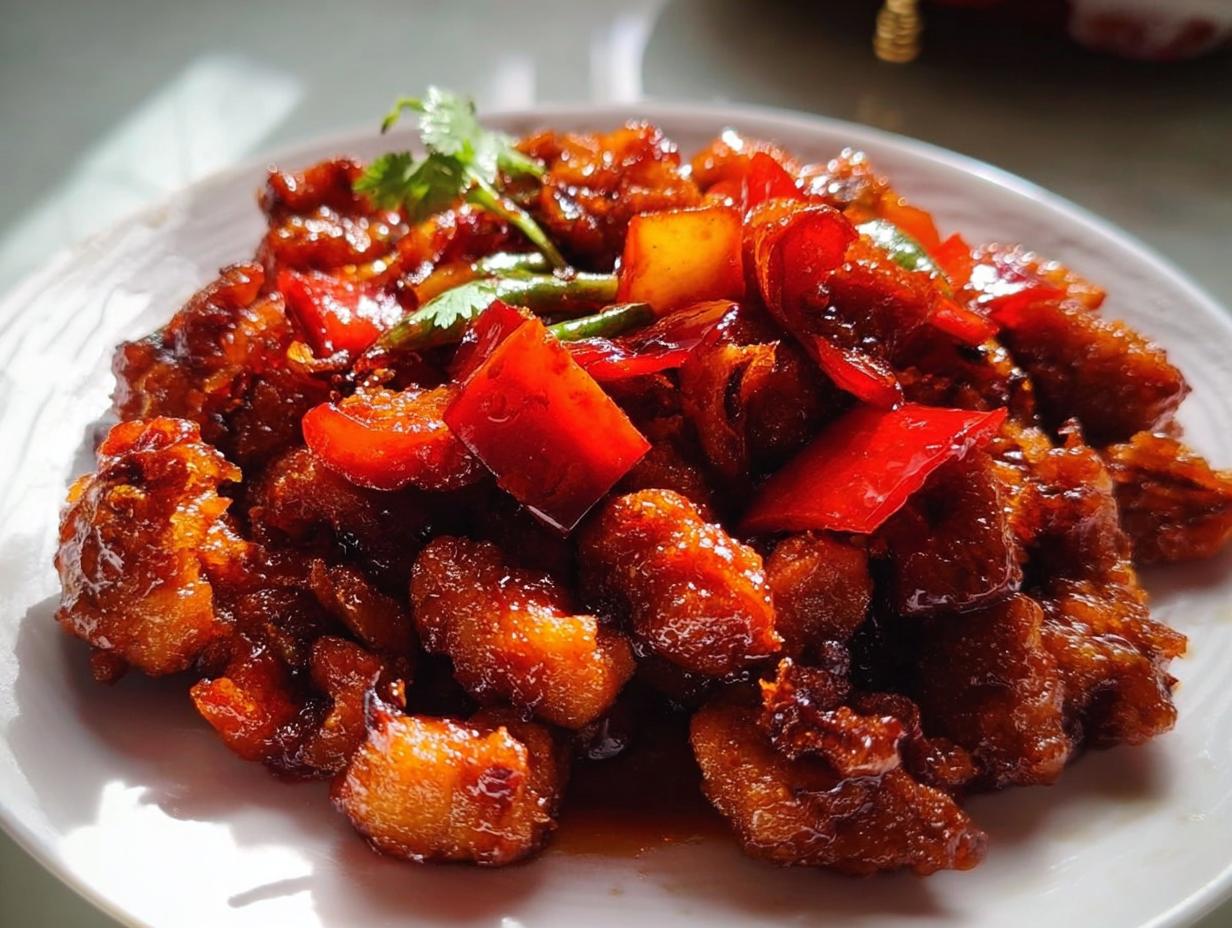 A plate of delicious Spicy Dragon Chicken, glistening with sauce and mixed with red bell peppers and green chilies.