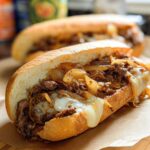 A close-up of a Spicy Kimchi Bulgogi Cheesesteak sandwich overflowing with meat, onions, and melted cheese.