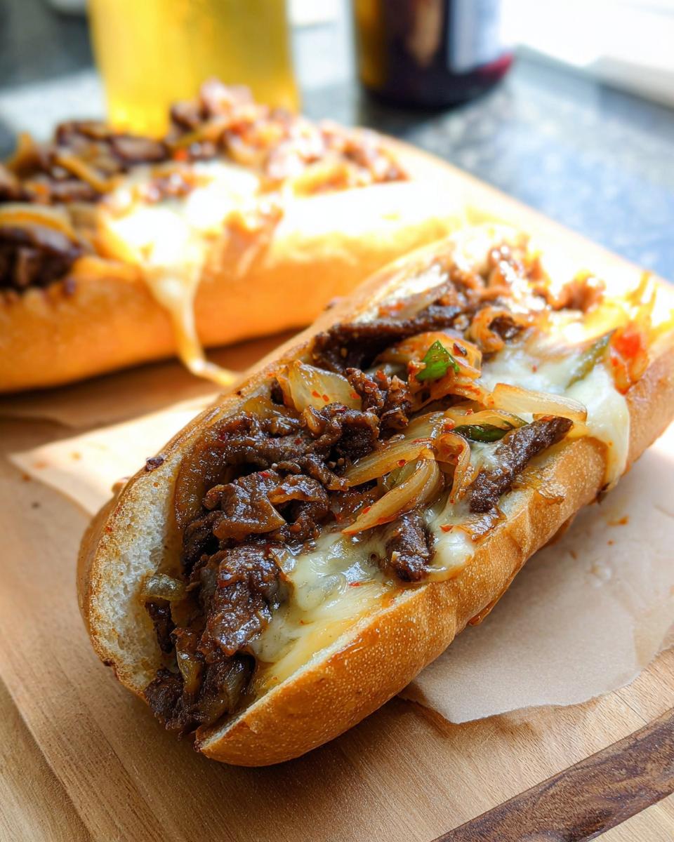 Close-up of a delicious Spicy Kimchi Bulgogi Cheesesteak sandwich with melted cheese and savory beef.
