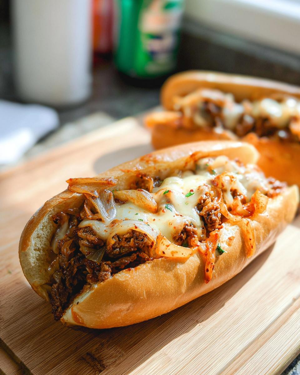 A delicious Spicy Kimchi Bulgogi Cheesesteak sandwich filled with savory meat, melted cheese, and kimchi.