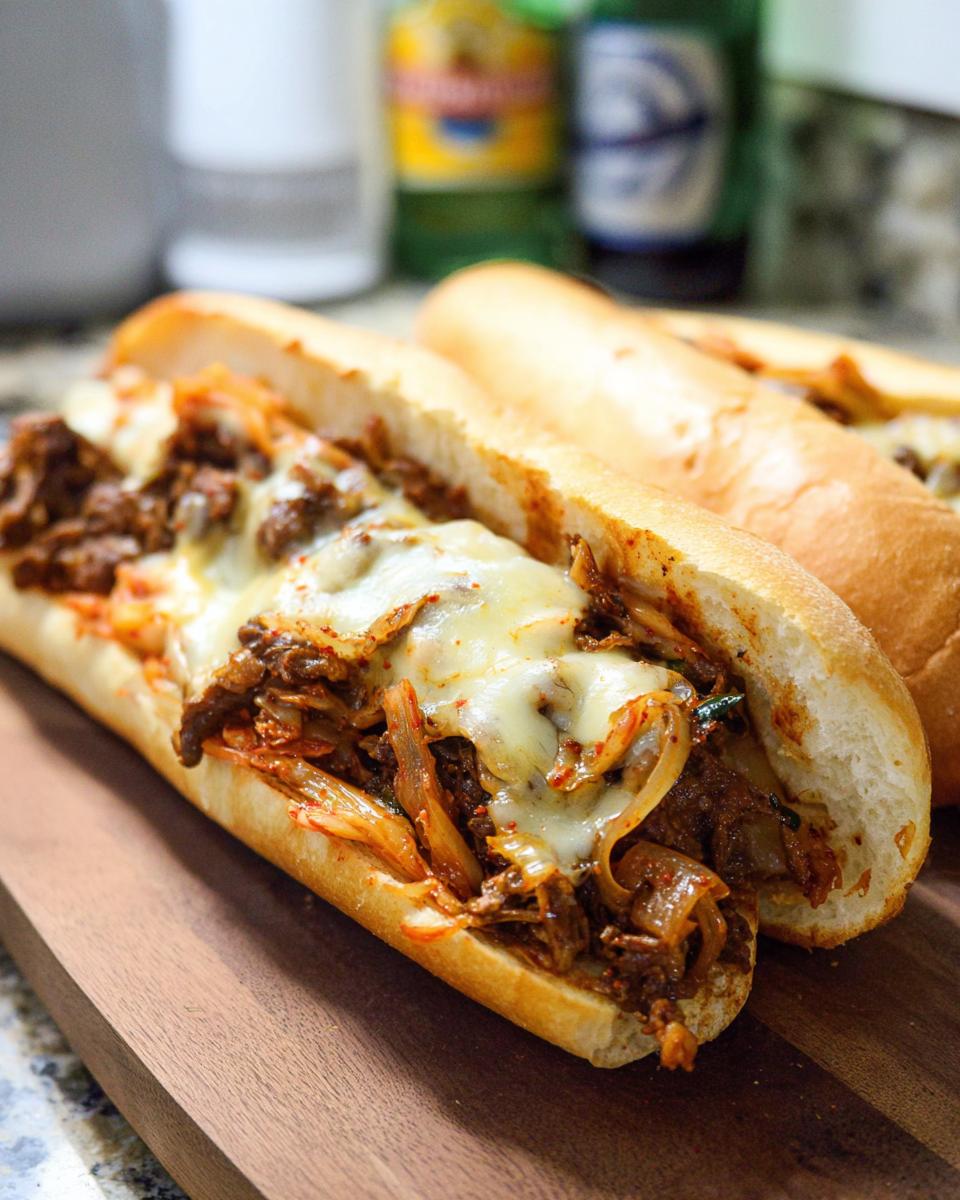 A close-up of a Spicy Kimchi Bulgogi Cheesesteak sandwich filled with tender bulgogi, spicy kimchi, and melted cheese.