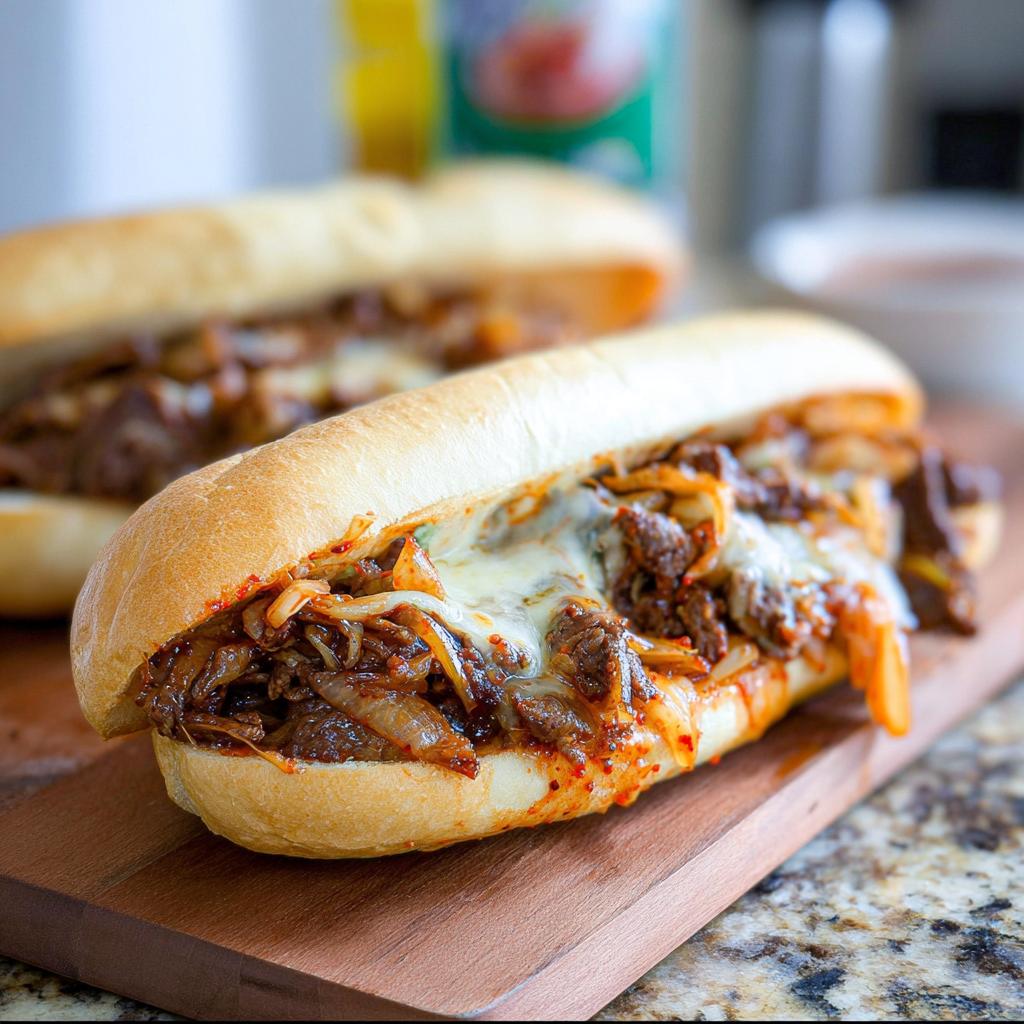 Close-up of a delicious Spicy Kimchi Bulgogi Cheesesteak sandwich on a wooden board, with melted cheese and savory filling.