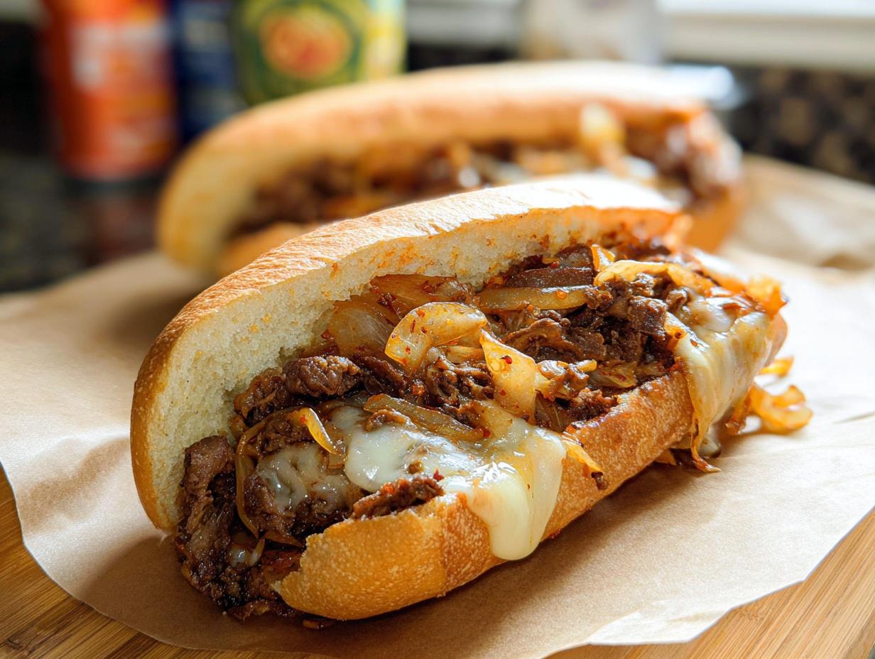 A close-up of a Spicy Kimchi Bulgogi Cheesesteak sandwich overflowing with meat, onions, and melted cheese.