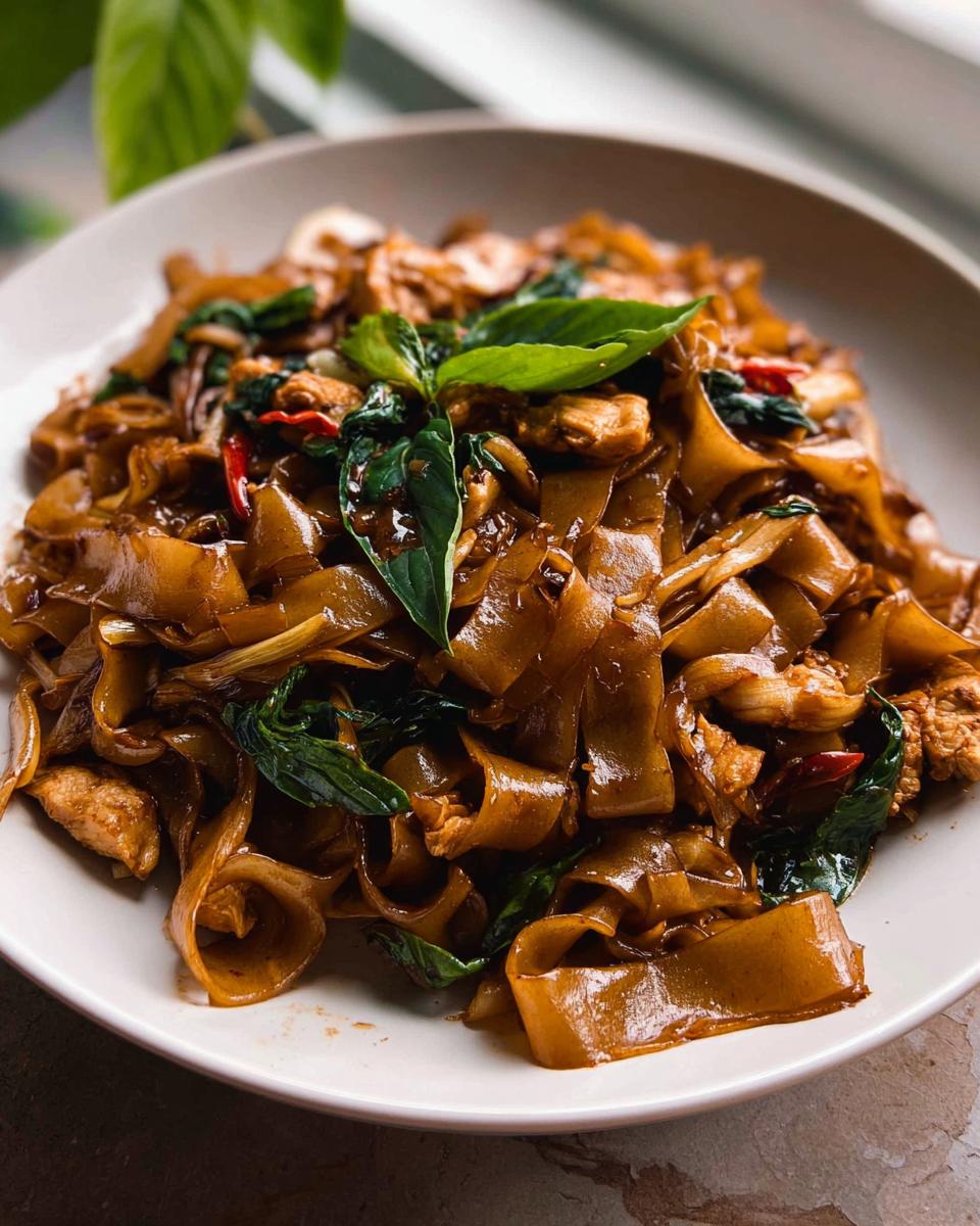 A close-up of a plate piled high with Street Style Thai Drunken Noodles, featuring wide rice noodles, chicken, basil, and chili.