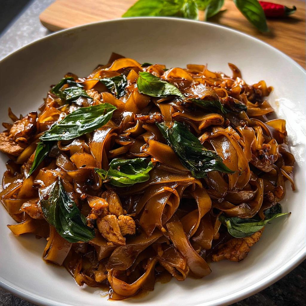 A close-up of a bowl of Street Style Thai Drunken Noodles, featuring wide rice noodles, chicken, and fresh basil leaves.