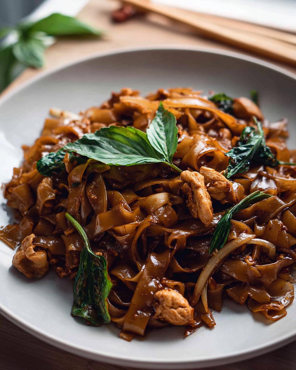 Close-up of a plate of Street Style Thai Drunken Noodles with tender chicken pieces and fresh basil leaves.
