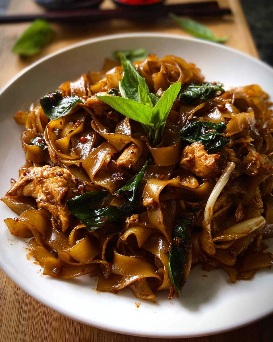 A close-up of a white plate filled with glossy, wide rice noodles, chicken pieces, and fresh basil leaves, representing Street Style Thai Drunken Noodles.