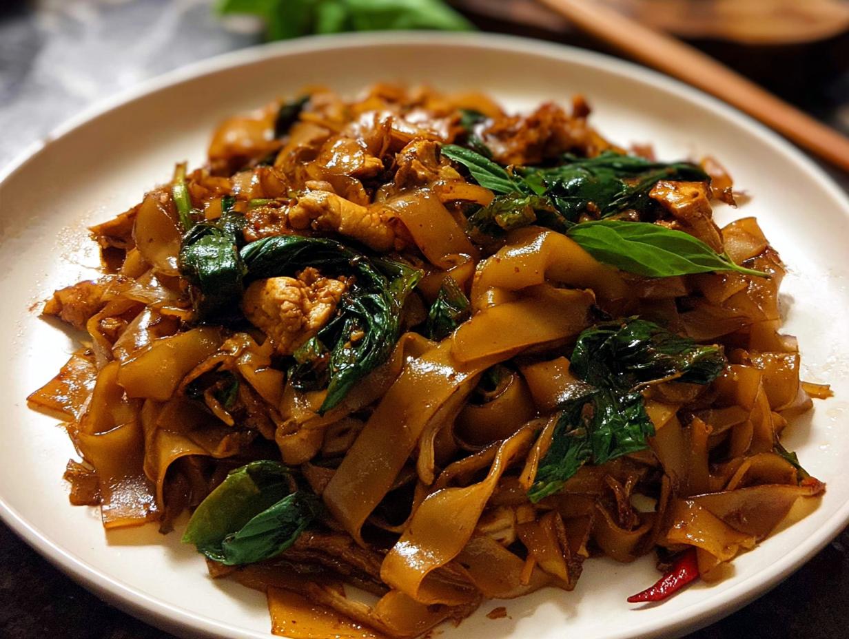 A close-up view of a plate of Street Style Thai Drunken Noodles, featuring wide rice noodles, chicken, and fresh basil leaves.