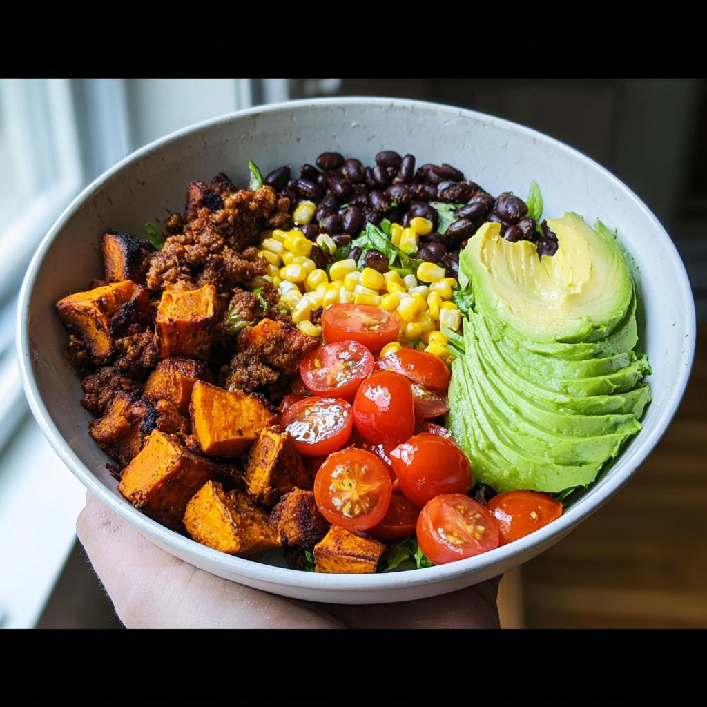 A vibrant Sweet Potato Taco Bowl filled with roasted sweet potatoes, black beans, corn, cherry tomatoes, and sliced avocado.