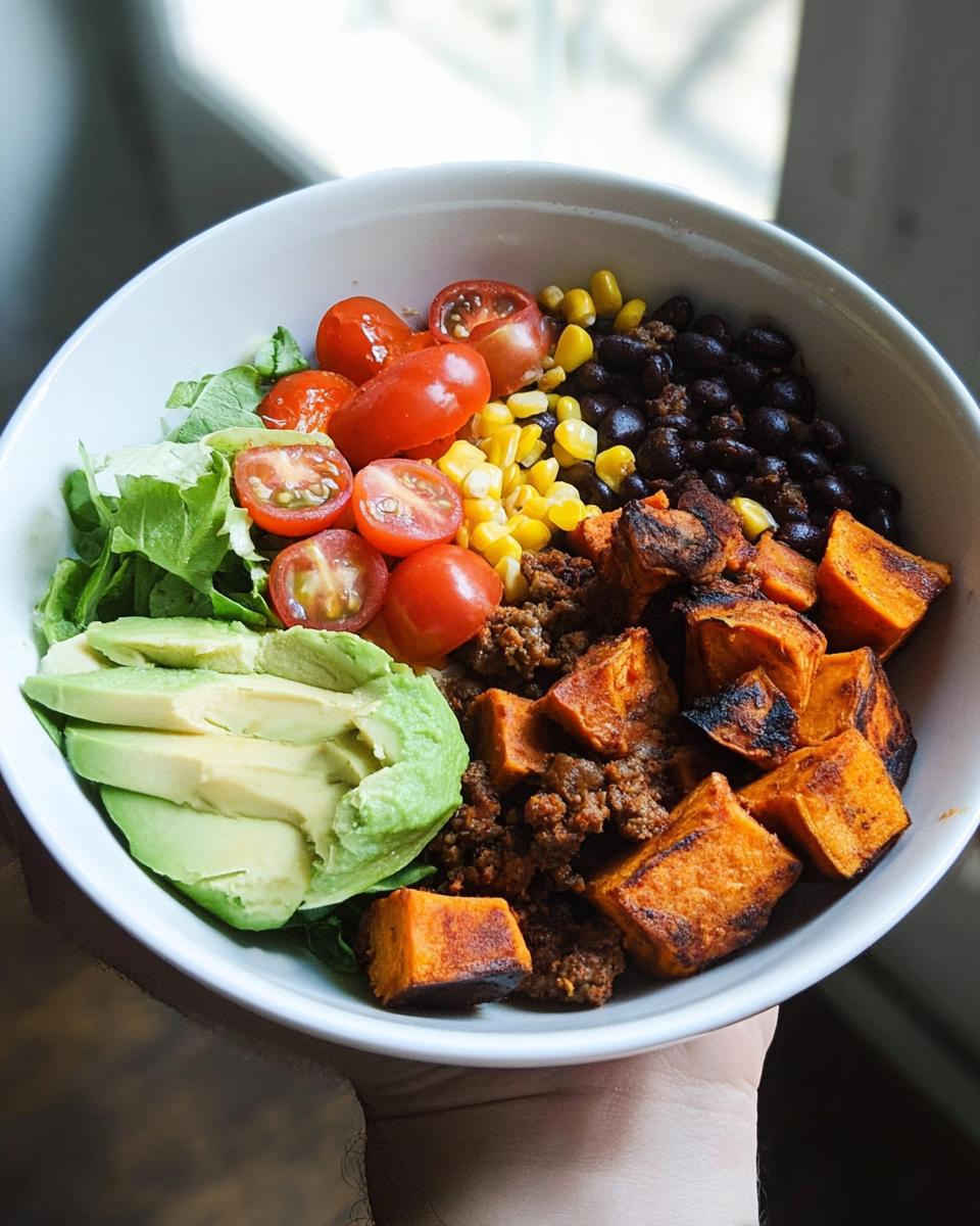 A vibrant Sweet Potato Taco Bowl filled with seasoned ground meat, roasted sweet potatoes, black beans, corn, cherry tomatoes, avocado, and lettuce.