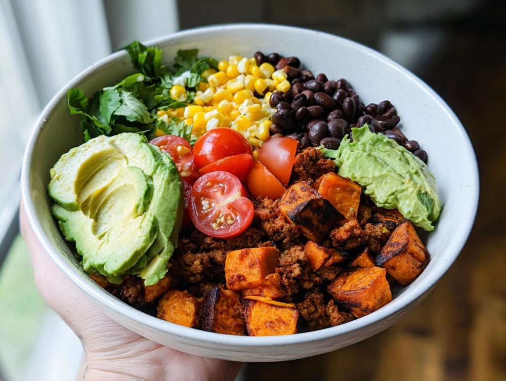 A vibrant Sweet Potato Taco Bowl filled with seasoned ground meat, roasted sweet potato cubes, black beans, corn, avocado slices, and cherry tomatoes.