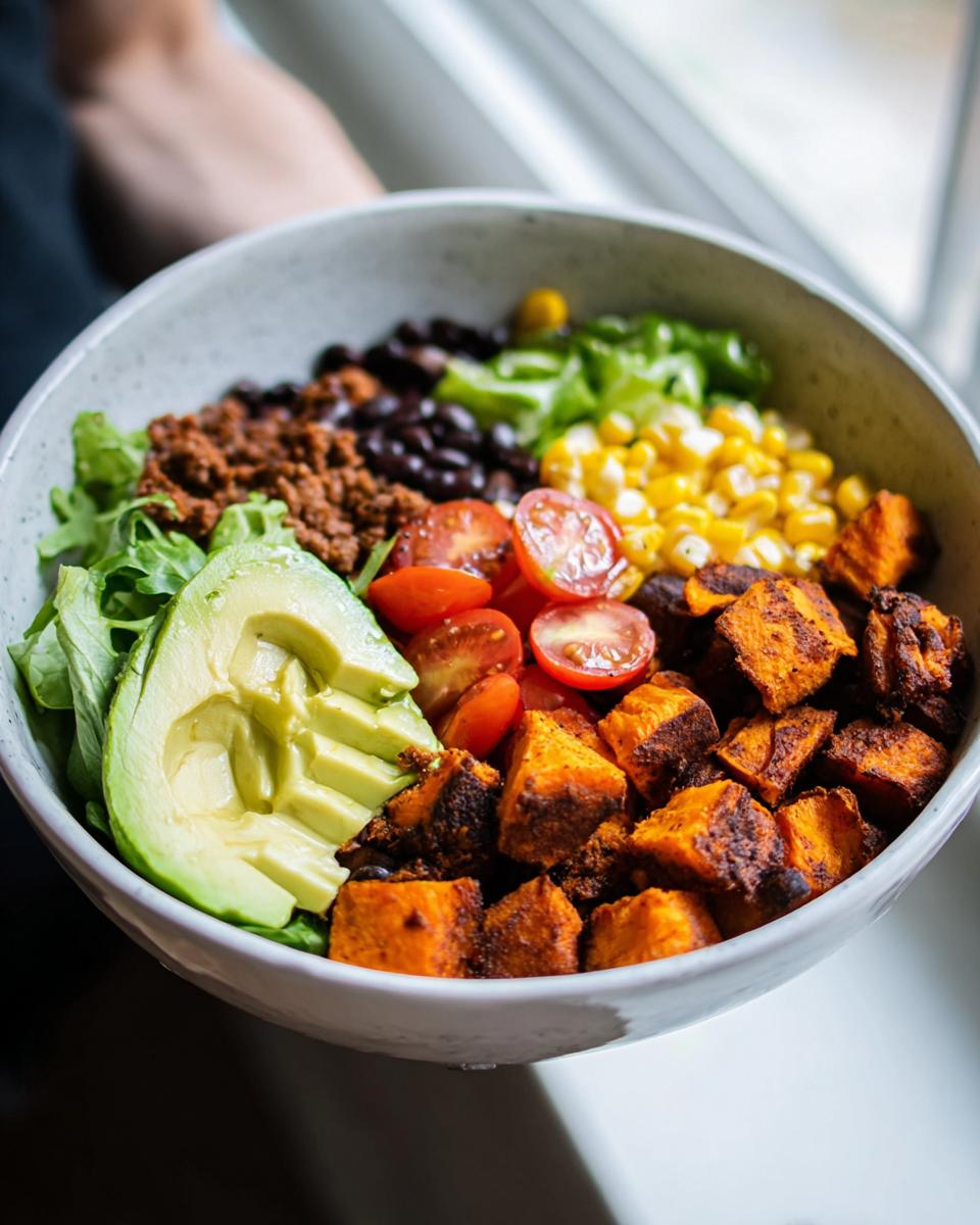 A vibrant Sweet Potato Taco Bowl filled with seasoned sweet potato cubes, black beans, corn, tomatoes, avocado, and ground meat.