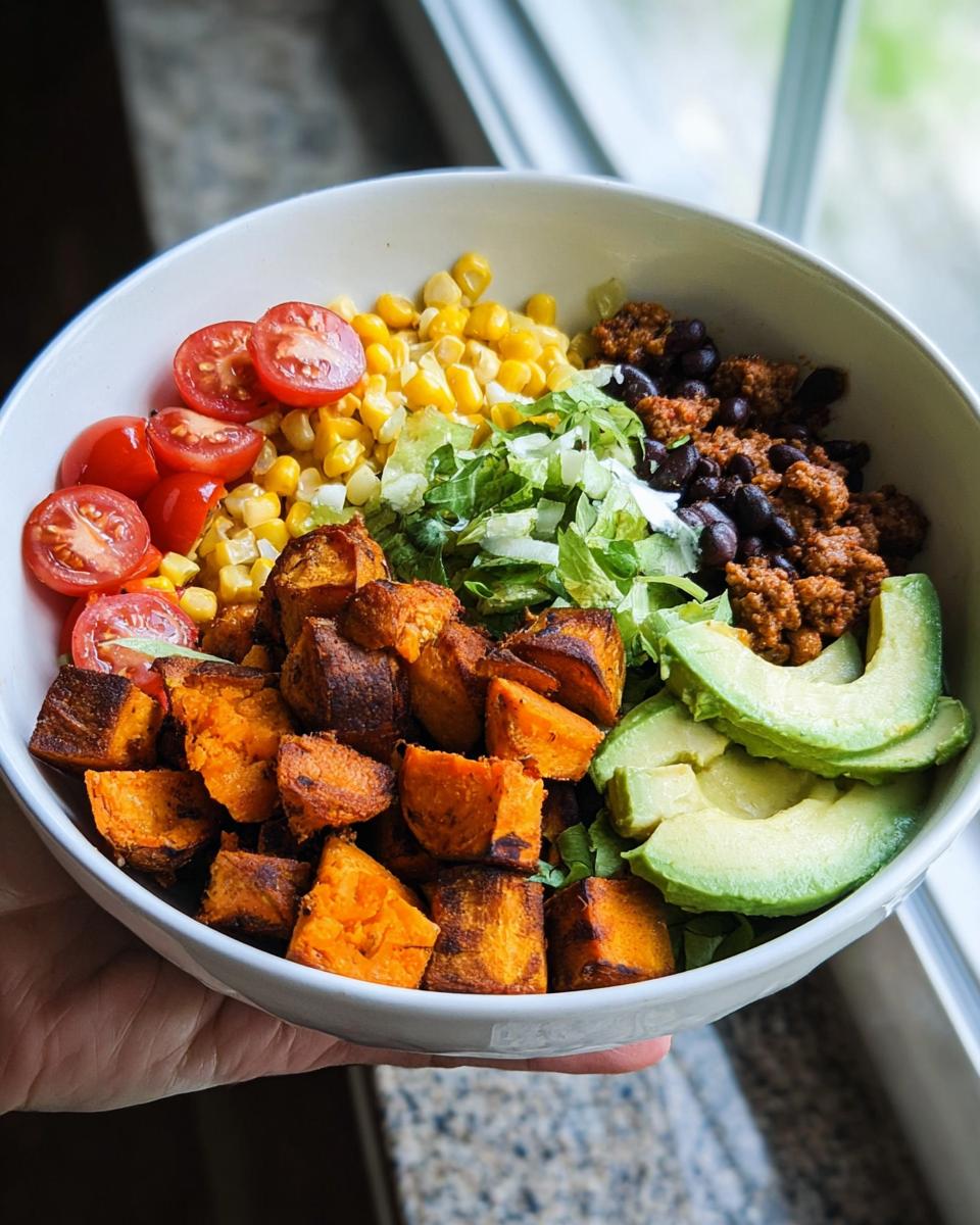 A vibrant Sweet Potato Taco Bowl filled with roasted sweet potatoes, corn, black beans, lettuce, tomatoes, and avocado.