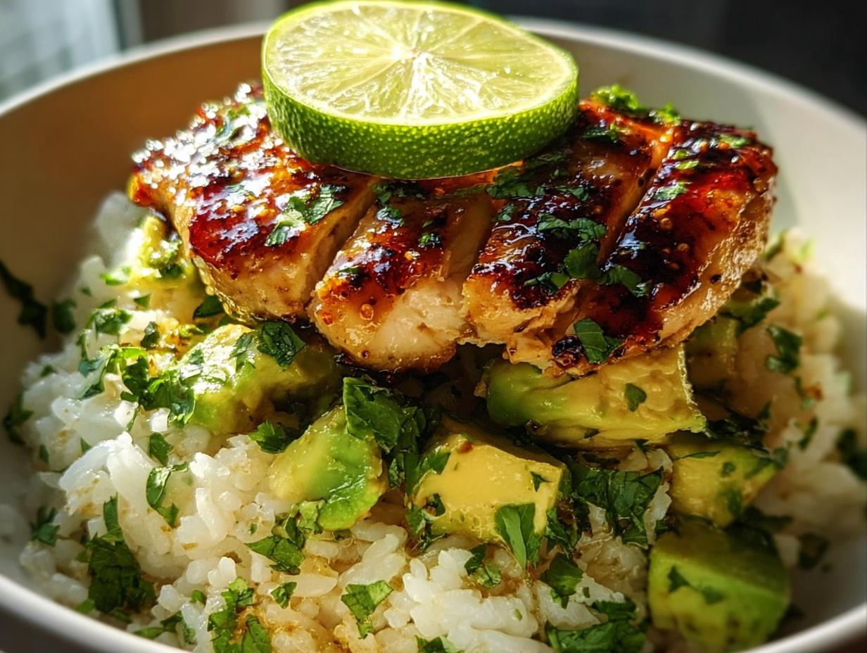 A bowl of Tangy Honey Lime Chicken Delight served over rice with avocado and lime garnish.