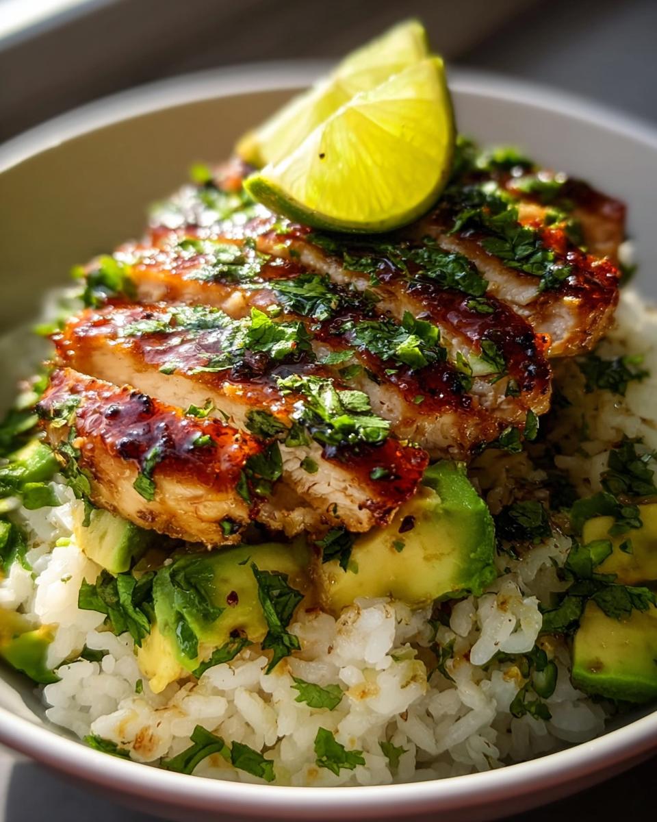 Close-up of Tangy Honey Lime Chicken Delight served over rice with avocado and cilantro, garnished with lime wedges.