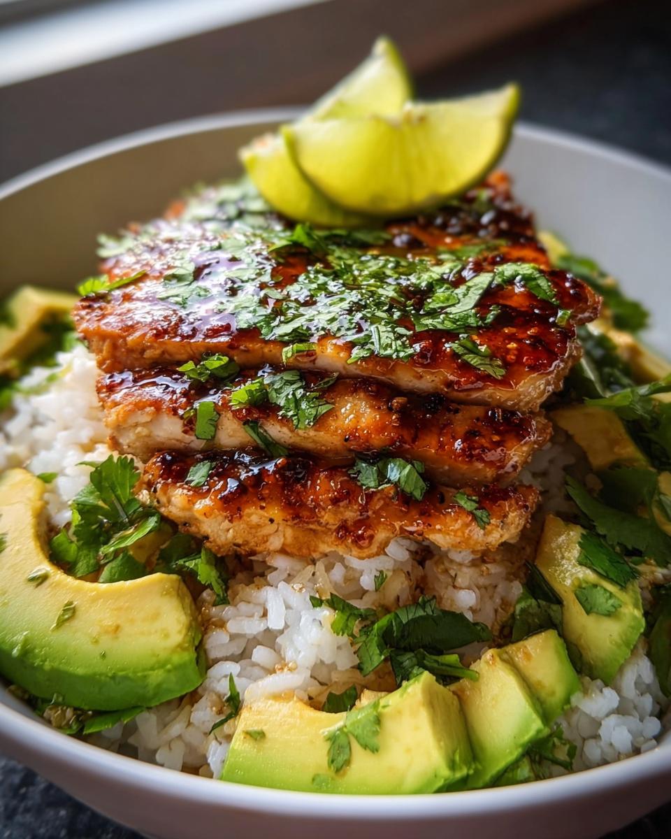 A bowl of Tangy Honey Lime Chicken Delight featuring sliced chicken, rice, avocado, and lime wedges, garnished with cilantro.