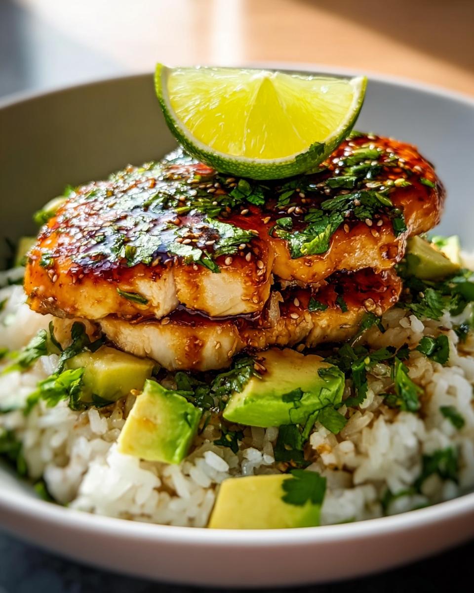 A bowl of Tangy Honey Lime Chicken Delight served over rice with diced avocado and a lime wedge on top.