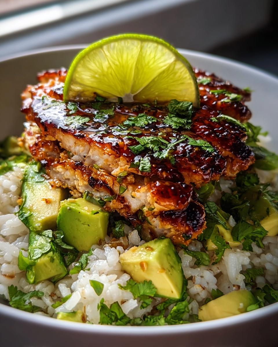 A bowl of Tangy Honey Lime Chicken Delight featuring sliced chicken, rice, avocado, and a lime slice.