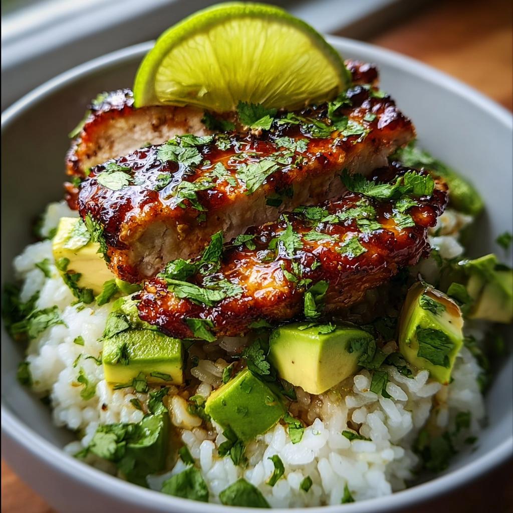 A bowl of Tangy Honey Lime Chicken Delight served over white rice with diced avocado and cilantro, garnished with a lime slice.