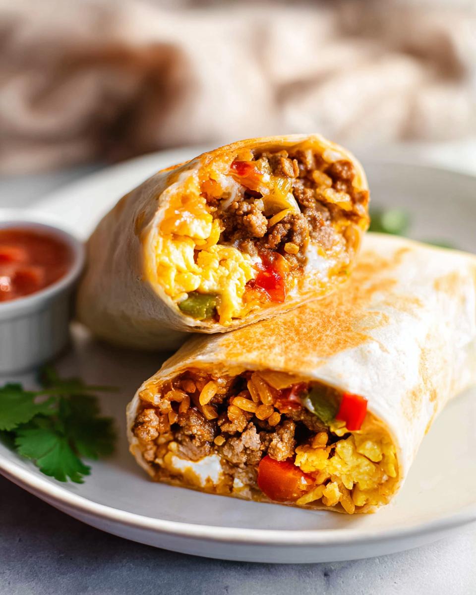 A close-up of two halves of a tasty freezer breakfast burrito, filled with scrambled eggs, seasoned ground meat, rice, and peppers.