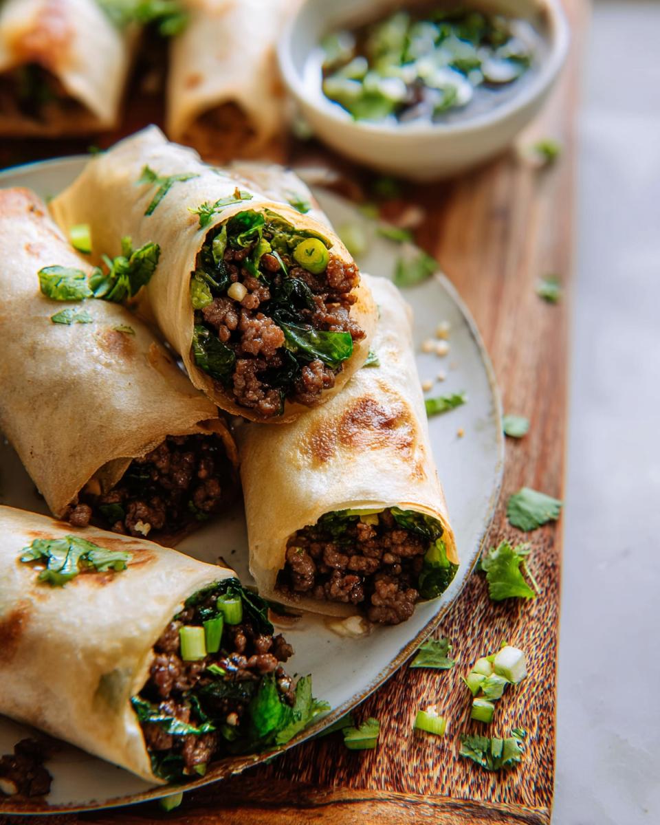 Close-up of golden-brown Thai Basil Beef Rolls filled with seasoned ground beef and greens, garnished with cilantro.