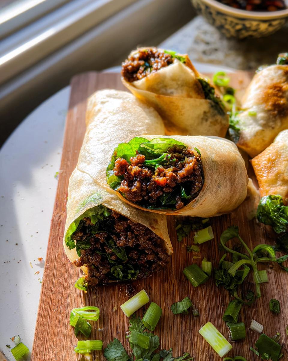 Close-up of delicious Thai Basil Beef Rolls, filled with seasoned ground beef and fresh greens, garnished with chopped scallions.