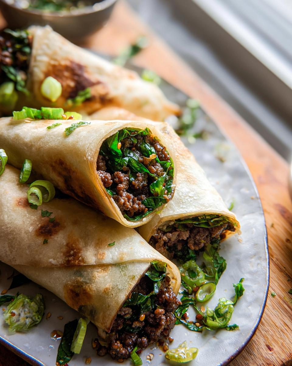 Close-up of freshly made Thai Basil Beef Rolls, filled with seasoned ground beef and fresh basil leaves, garnished with green onions.