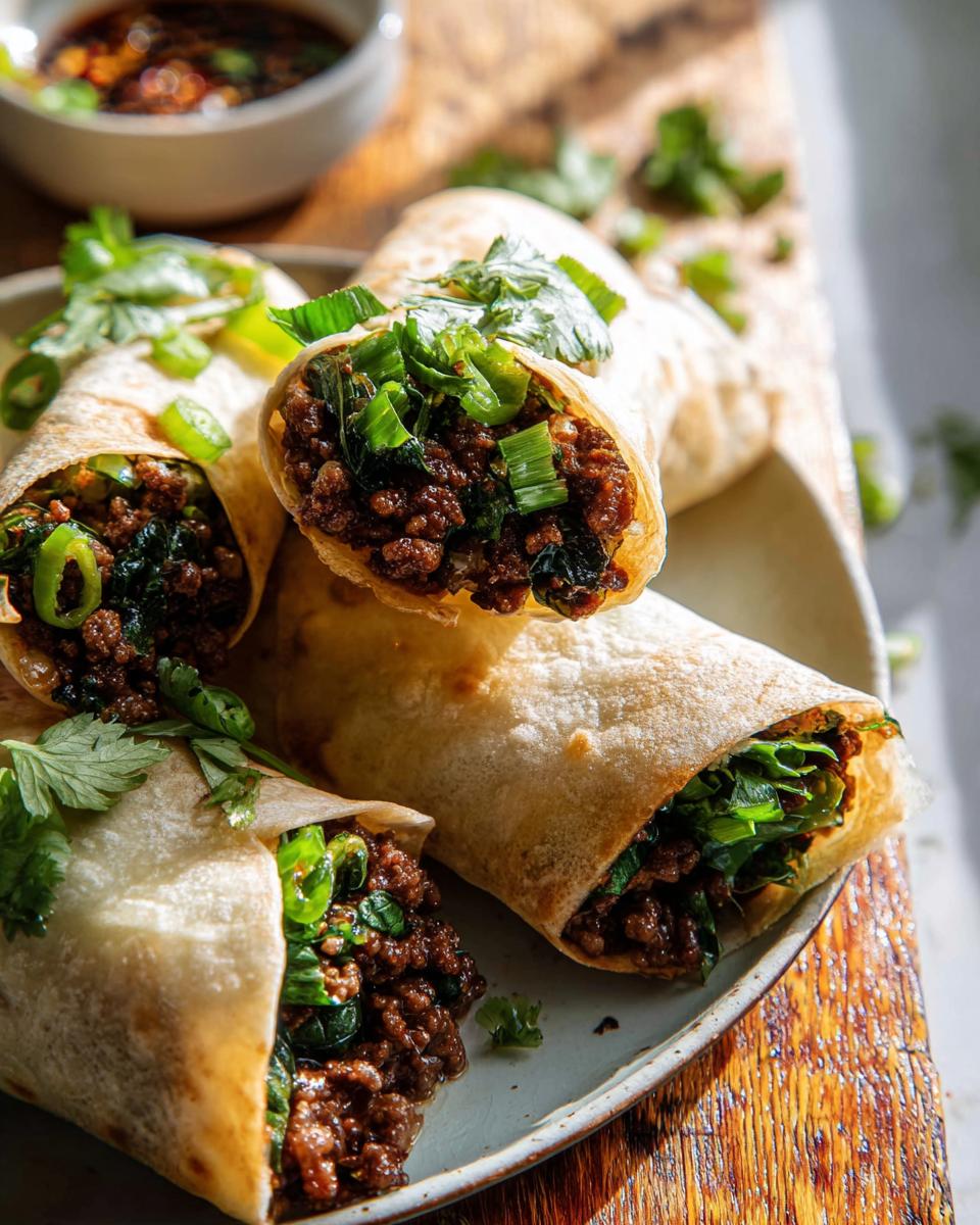 Close-up of freshly made Thai Basil Beef Rolls, filled with seasoned ground beef and greens, garnished with cilantro and scallions.