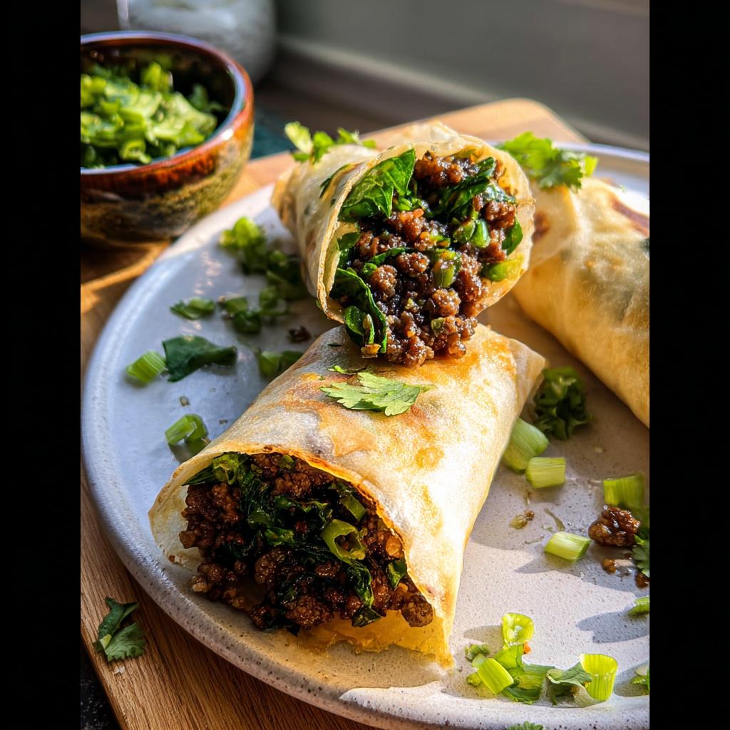Close-up of two Thai Basil Beef Rolls filled with seasoned ground beef and fresh greens, garnished with chopped scallions.