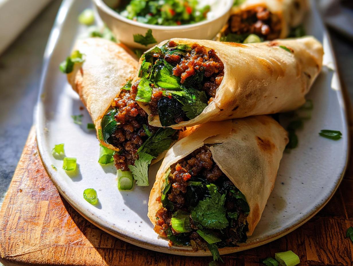 Close-up of three Thai Basil Beef Rolls on a plate, filled with savory ground beef and fresh herbs.