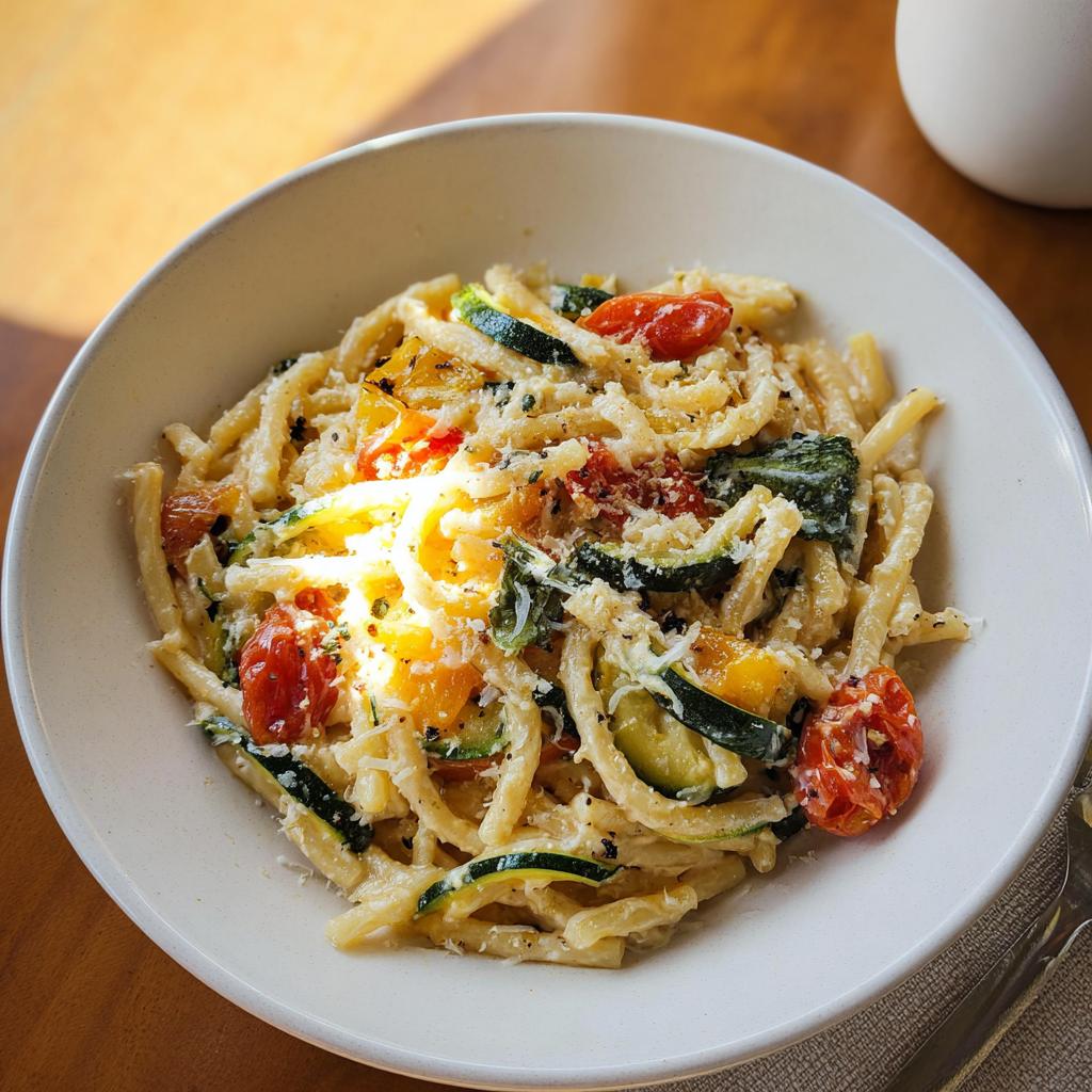 A close-up of a bowl filled with delicious Tomato Zucchini Pasta, topped with grated cheese.