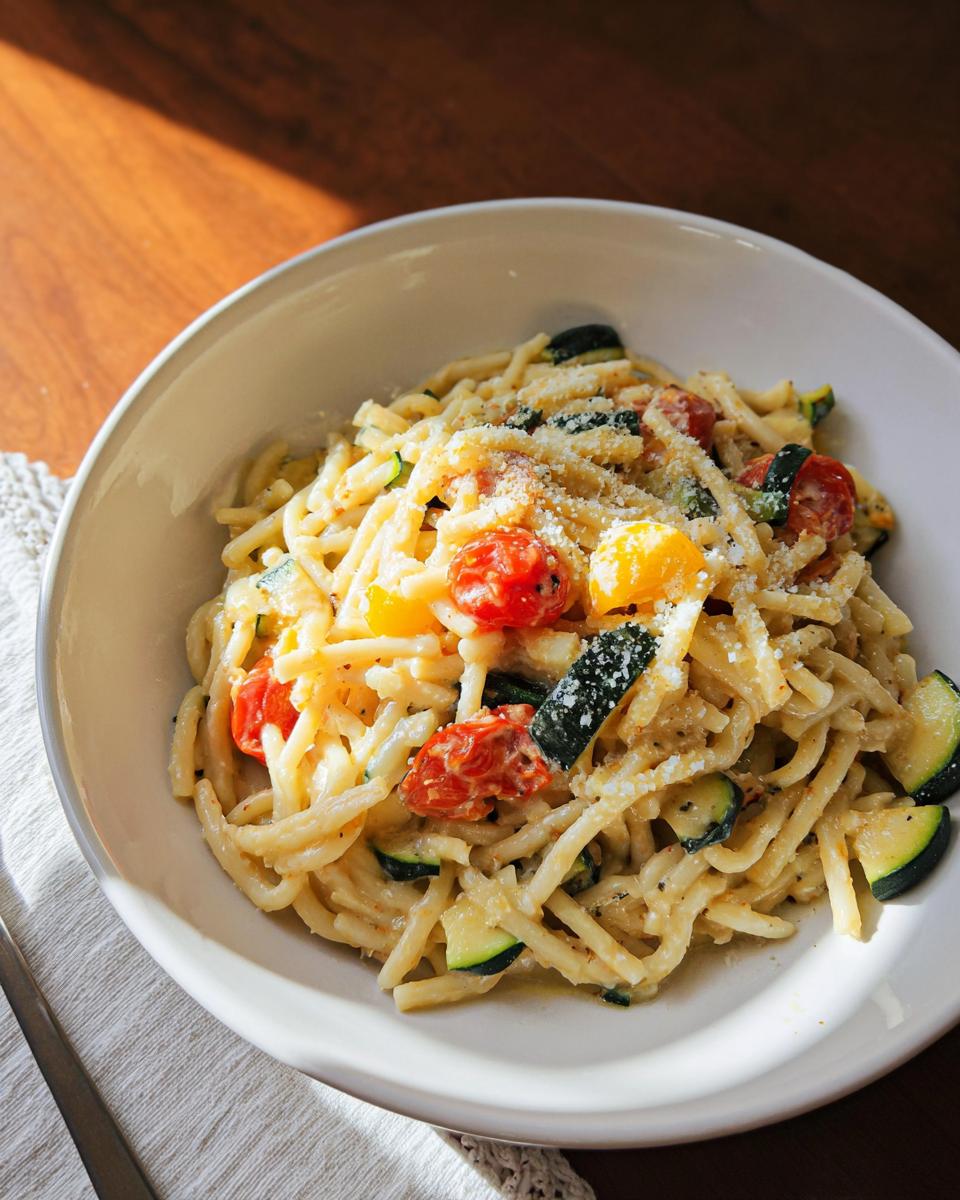 A close-up of a white bowl filled with creamy Tomato Zucchini Pasta, topped with grated Parmesan cheese.