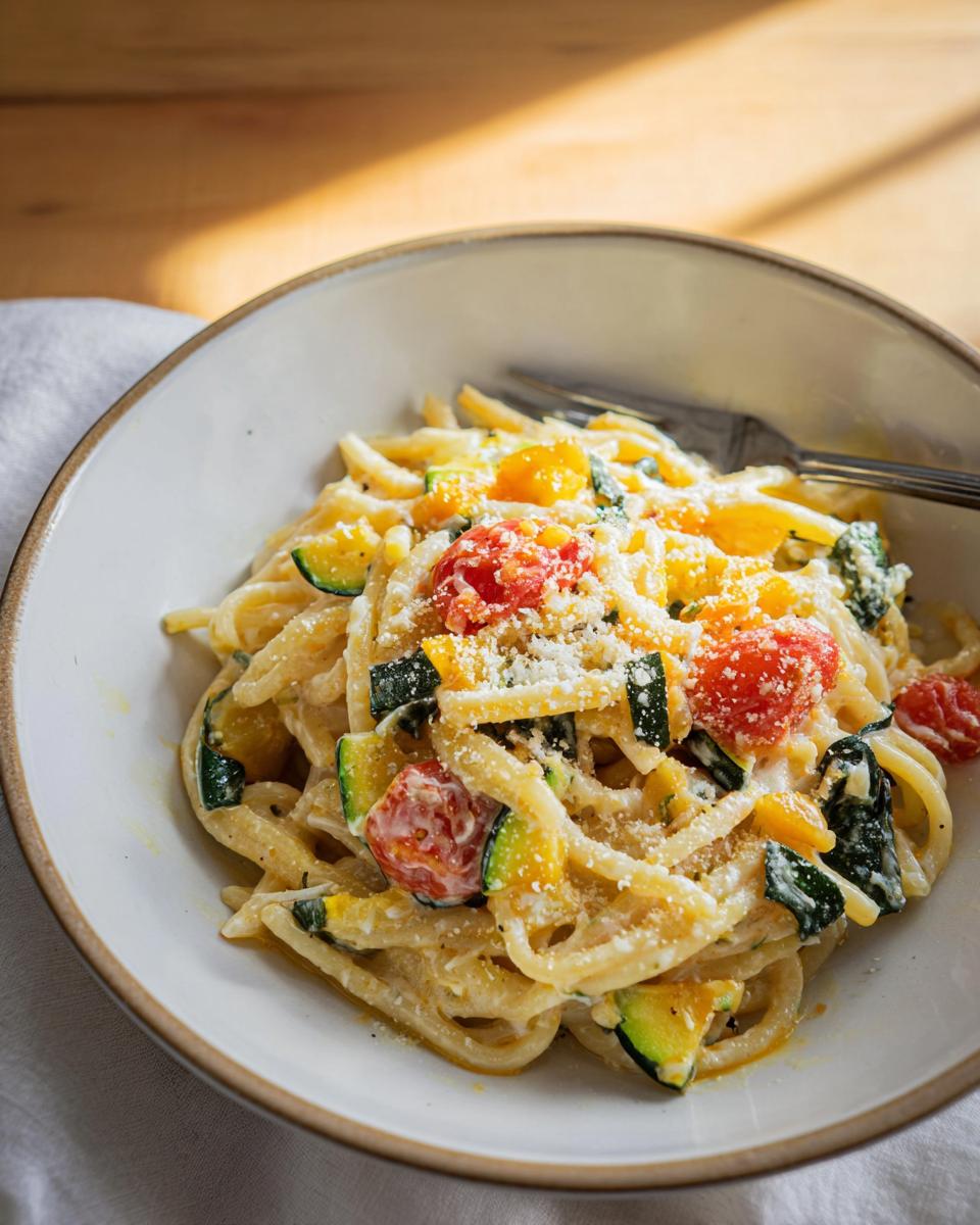 A close-up of a bowl of creamy Tomato Zucchini Pasta, topped with grated Parmesan cheese.