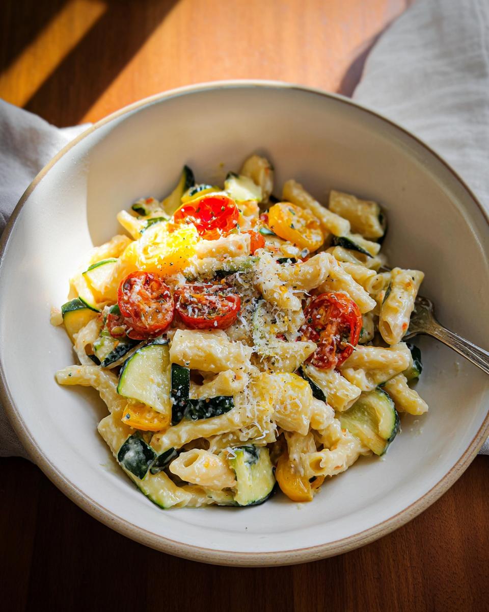 A bowl of creamy Tomato Zucchini Pasta topped with cherry tomatoes, zucchini slices, and grated cheese.