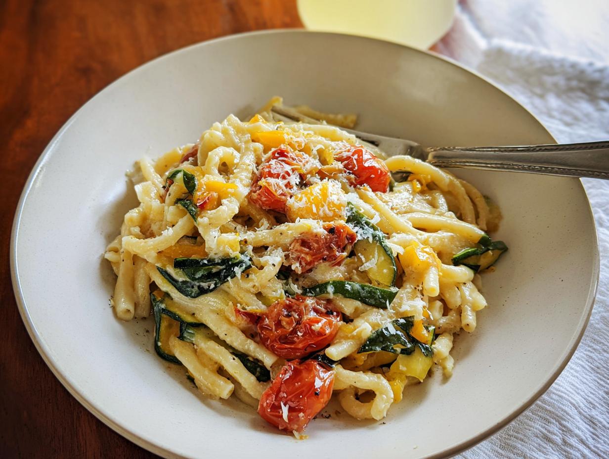 A bowl of delicious Tomato Zucchini Pasta, topped with grated Parmesan cheese and fresh herbs.