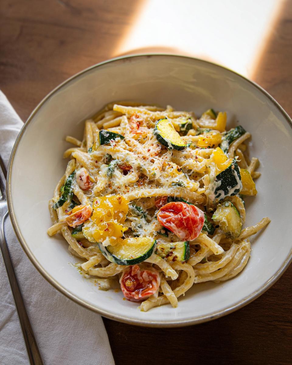 A bowl of creamy Tomato Zucchini Pasta topped with grated cheese and red pepper flakes.
