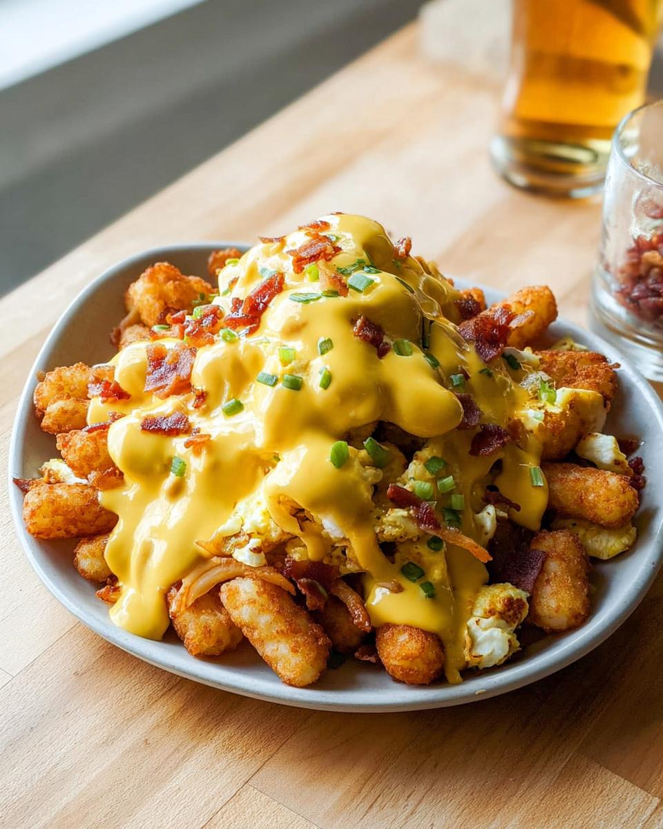 A hearty plate of Ultimate Breakfast Poutine topped with creamy hollandaise sauce, bacon, and chives.