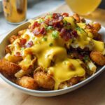 A delicious bowl of Ultimate Breakfast Poutine topped with crispy bacon, green onions, and creamy hollandaise sauce.
