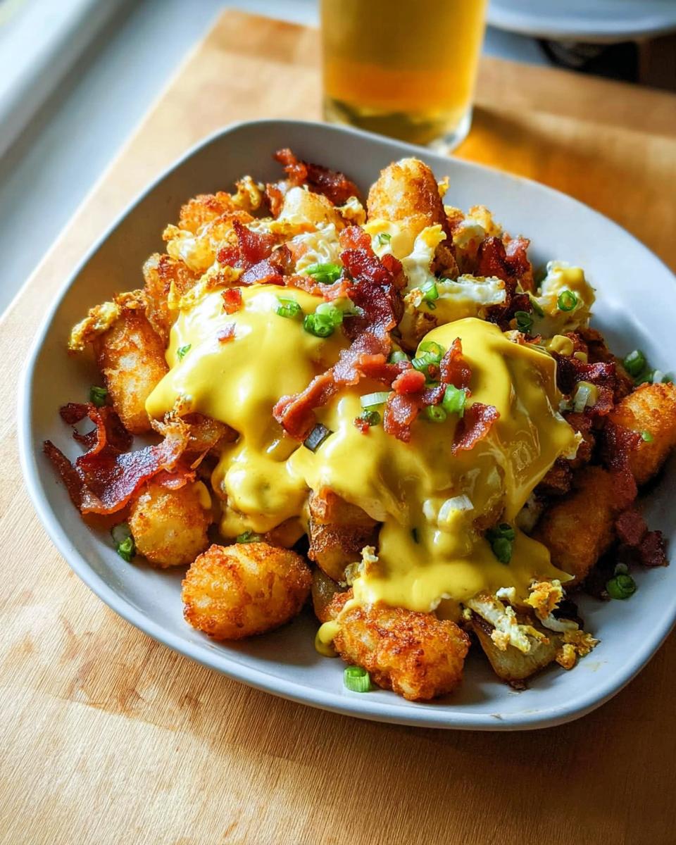 A hearty plate of Ultimate Breakfast Poutine topped with creamy hollandaise sauce, scrambled eggs, bacon, and green onions.