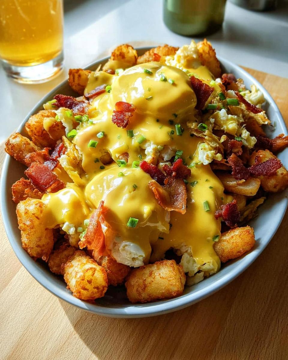 A hearty bowl of Ultimate Breakfast Poutine topped with creamy hollandaise sauce, scrambled eggs, crispy bacon, and chives.