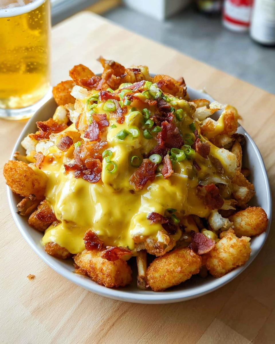 A bowl of Ultimate Breakfast Poutine topped with creamy hollandaise sauce, crispy bacon, and green onions.