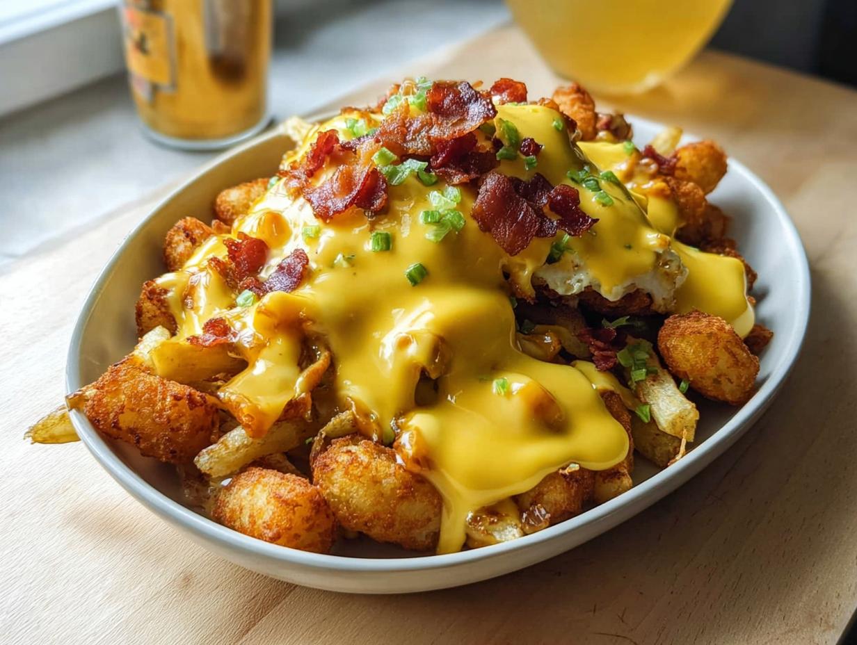 A delicious bowl of Ultimate Breakfast Poutine topped with crispy bacon, green onions, and creamy hollandaise sauce.