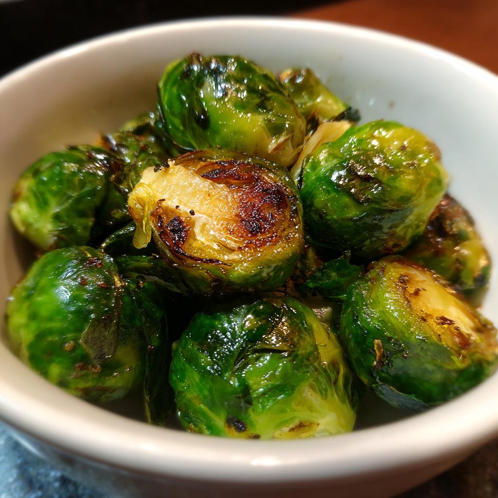 Close-up of air fryer brussels sprouts, perfectly crisp and caramelized in a white bowl.