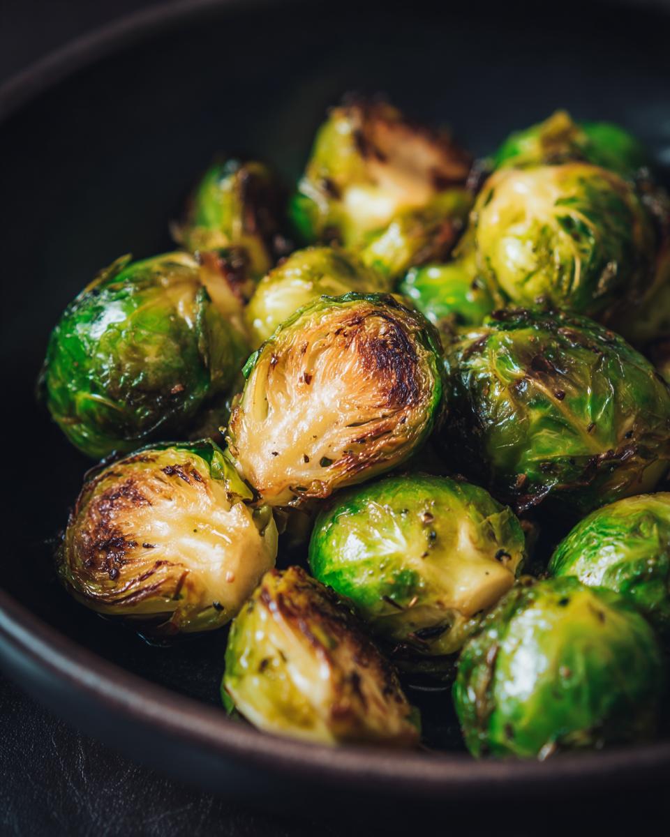 Close-up of perfectly air-fried Brussels sprouts, showing crisp edges and caramelized centers.